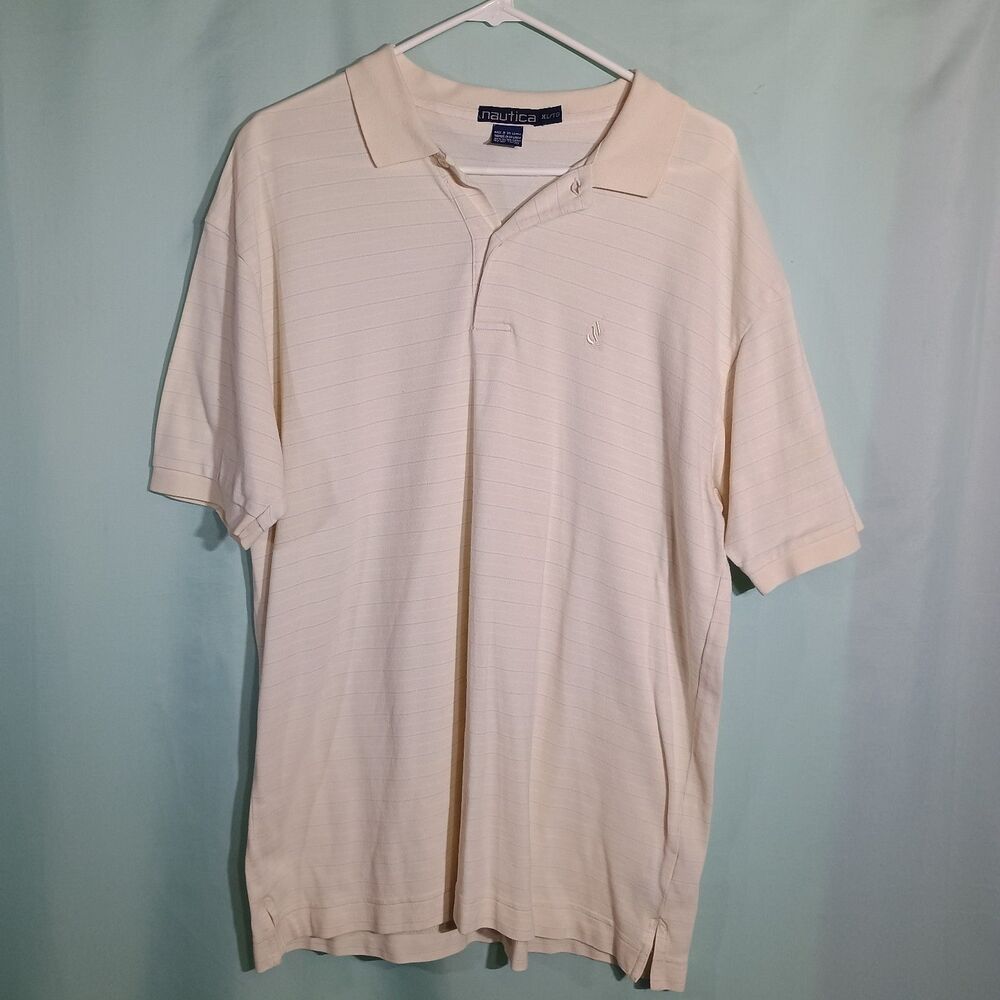 Nautica Men’s Cream Polo Shirt – Short Sleeve Striped Casual Golf Shirt